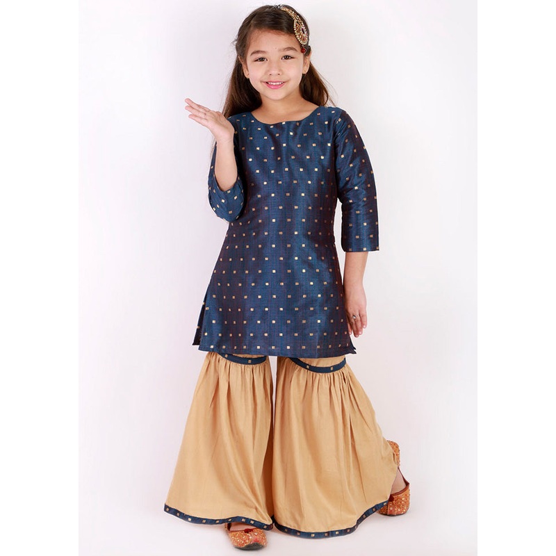 Navy Blue And Gold Zari Buta Self Design Kurta With Sharara - JD986588015