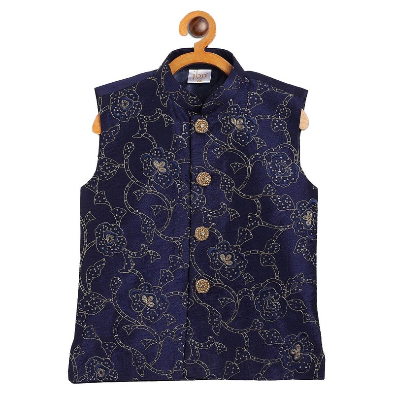 Navy Blue Silk Nehru Jacket - JD986588007