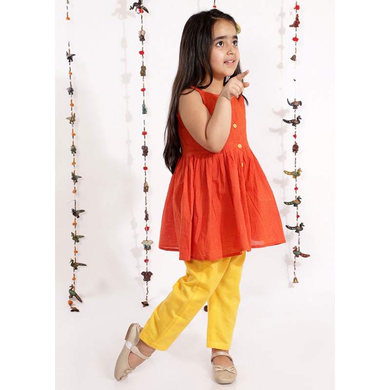 Orange And Yellow Pure Handloom Cotton Fabric Short Kurta With Straight Pants - JD986588006