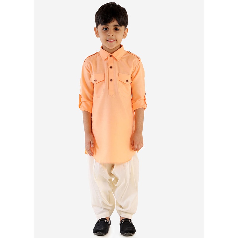 Peach Festive Silk Kurta Pajama Set - JD986588000