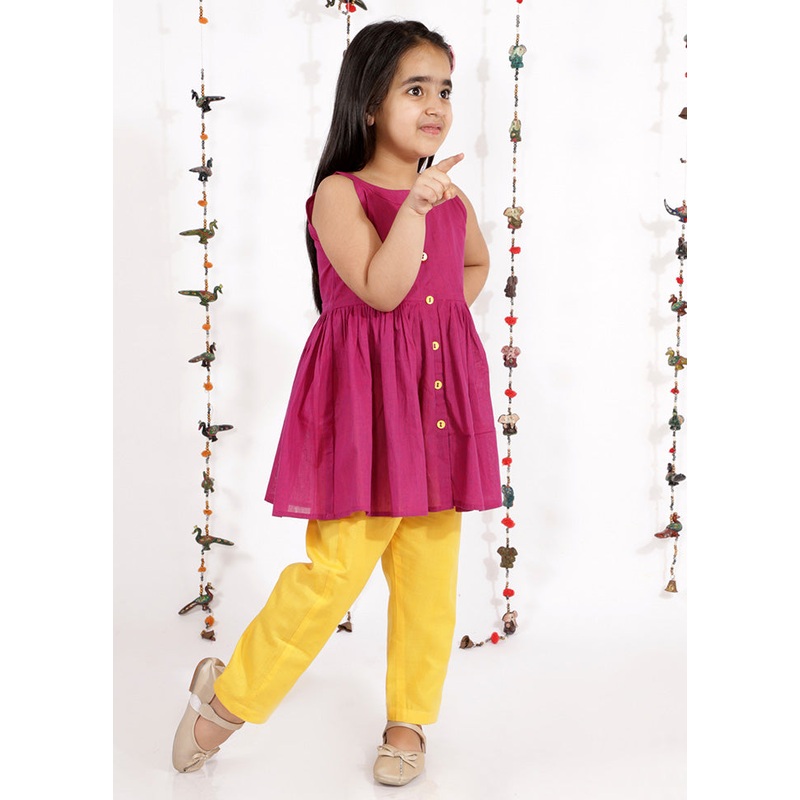 Pink And Yellow Pure Handloom Cotton Fabric Short Kurta With Straight Pants - JD986587997
