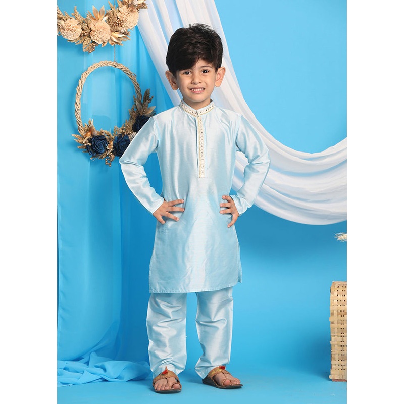 Powder Blue Festive Silk Kurta Pajama Set - JD986587978