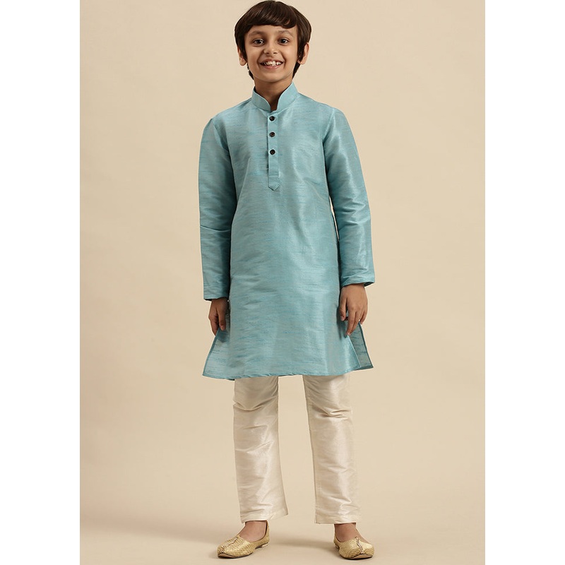 Sky Blue Silk Solid Kurta - JD986587971