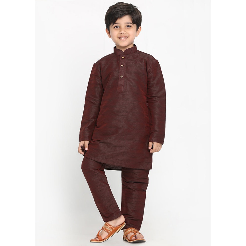 Wine Festive Silk Kurta Pajama Set - JD986587954