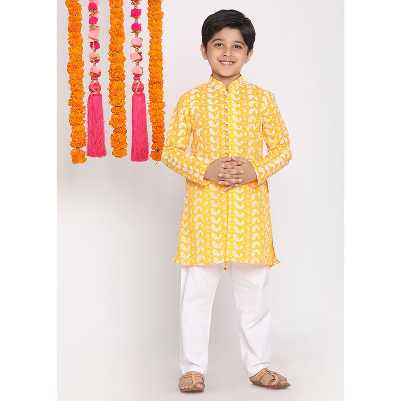 Yellow Festive Cotton Kurta Pajama Set - JD986587946
