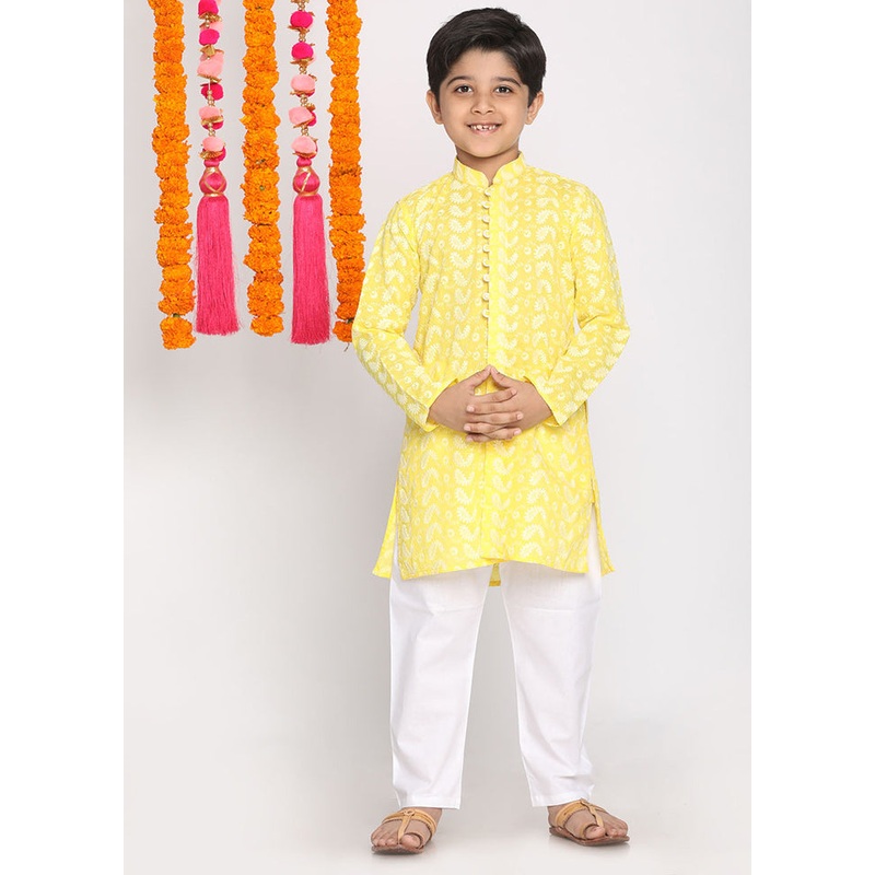 Yellow Festive Cotton Kurta Pajama Set - JD986587947