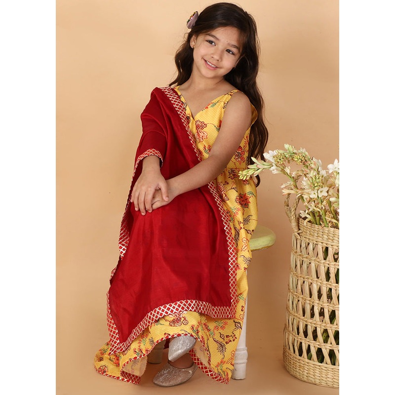 Yellow Floral Printed Long Length Anarkali Dress With Dupatta - JD986587939