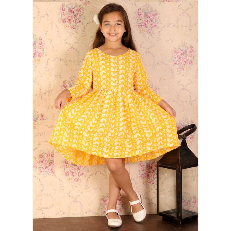 Yellow Pure Cotton Indian Dress - JD986587937