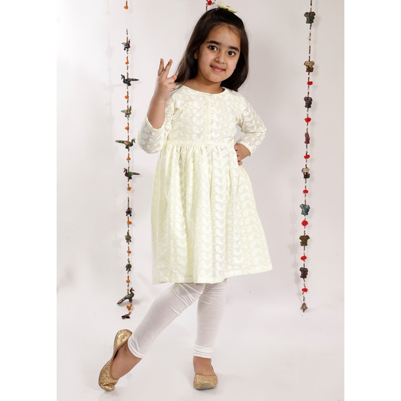 Yellow Pure Cotton Lukhnowi Chikankari Anarkali Kurta With Cotton Leggings - JD986587936