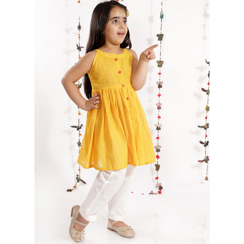 Yellow Pure Handloom Cotton Fabric Short Kurta With Straight Pants - JD986587933