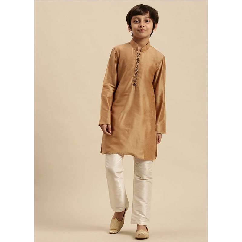 2 Pc Beige Silk Solid Kurta And Pajama Set - JD986587751