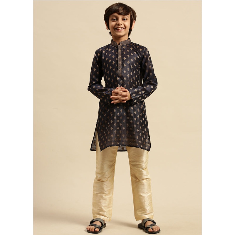 2 Pc Blue Silk Embroidered Kurta And Pajama Set - JD986587749