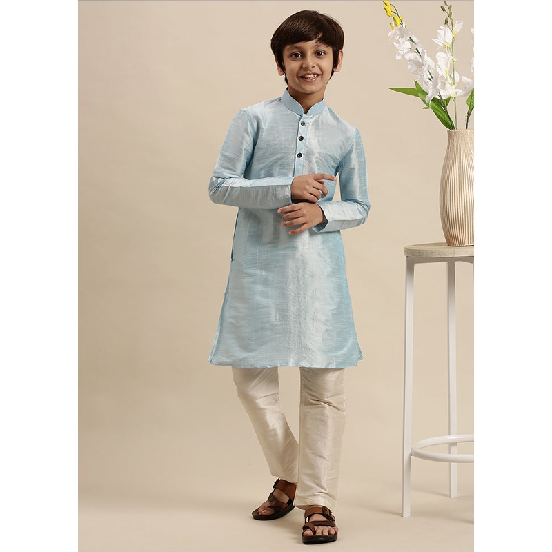 2 Pc Blue Silk Solid Kurta And Pajama Set - JD986587746