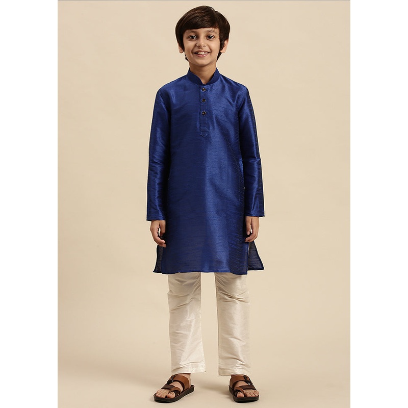 2 Pc Blue Silk Solid Kurta And Pajama Set - JD986587747