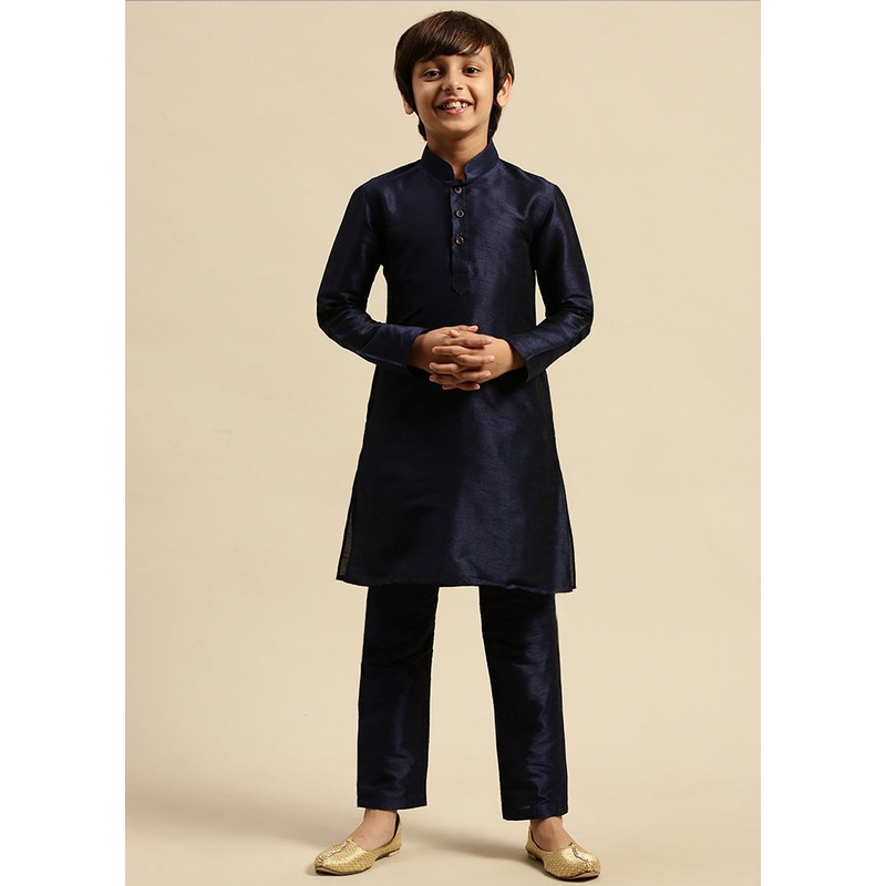 2 Pc Blue Silk Solid Kurta And Pajama Set - JD986587748