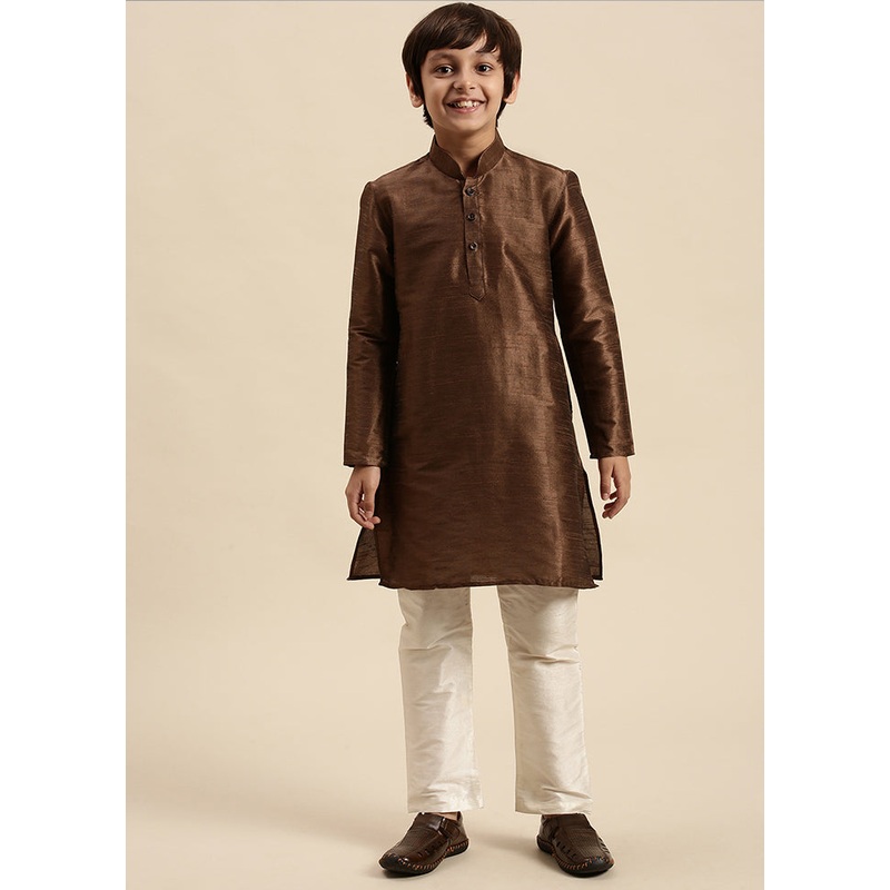 2 Pc Brown Silk Solid Kurta And Pajama Set - JD986587744
