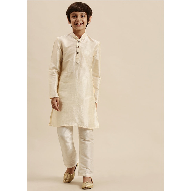 2 Pc Cream Silk Solid Kurta And Pajama Set - JD986587743