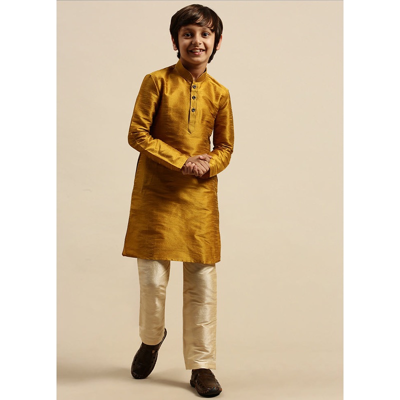 2 Pc Golden Silk Solid Kurta And Pajama Set - JD986587742