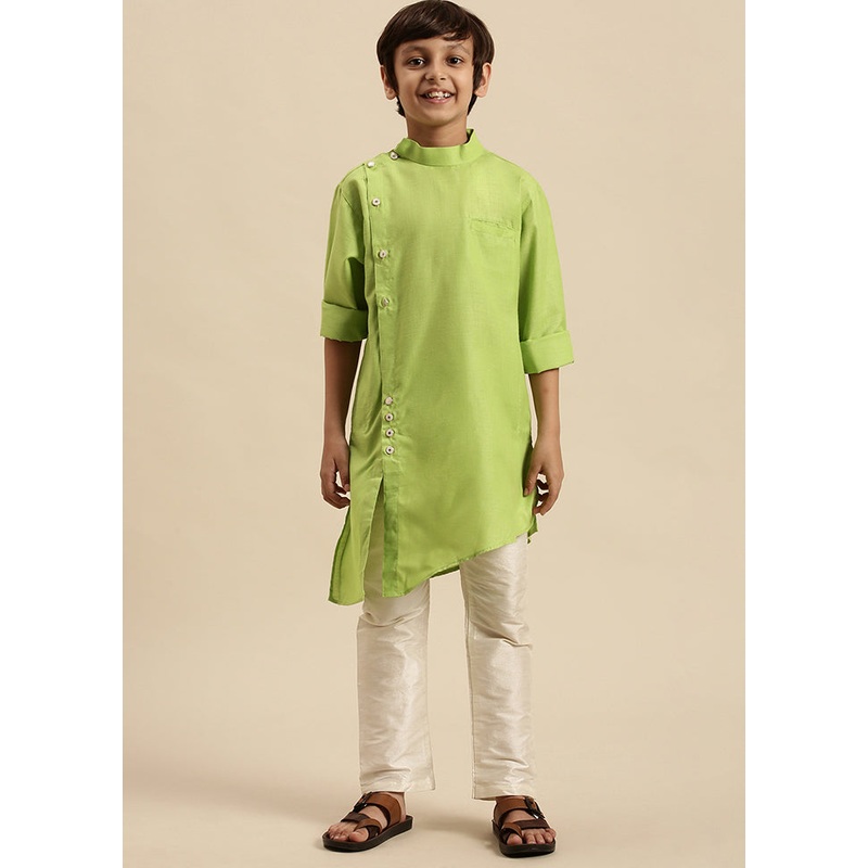 2 Pc Green Cotton Solid Kurta And Pajama Set - JD986587740