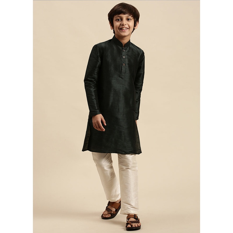 2 Pc Green Silk Solid Kurta And Pajama Set - JD986587739