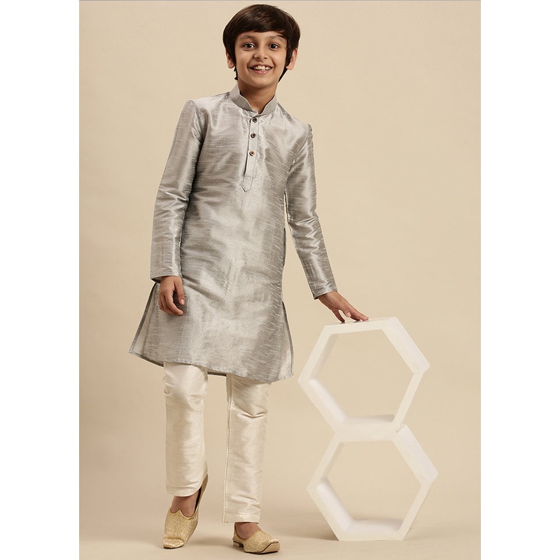 2 Pc Grey Silk Solid Kurta And Pajama Set - JD986587737
