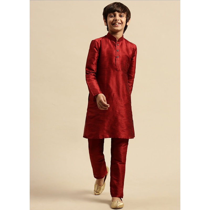 2 Pc Maroon Silk Solid Kurta And Pajama Set - JD986587736