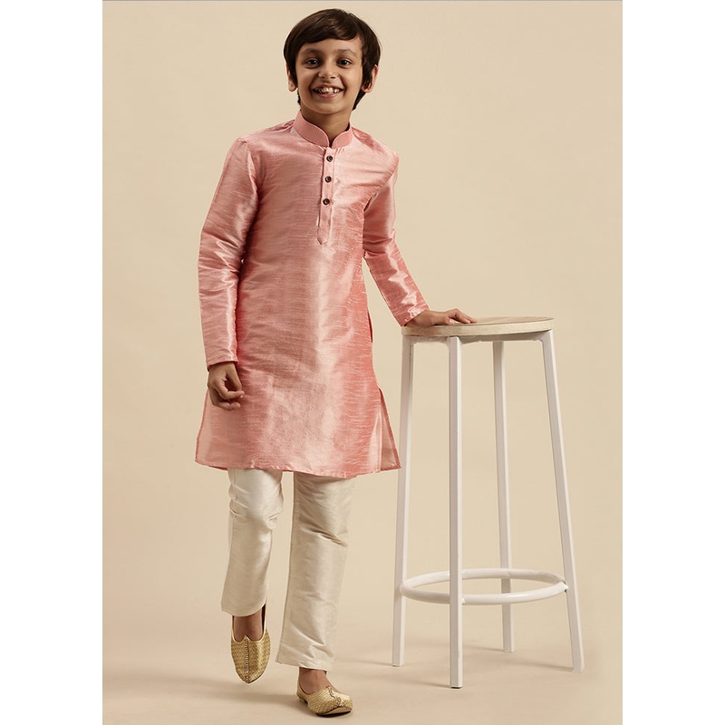 2 Pc Pink Silk Solid Kurta And Pajama Set - JD986587735