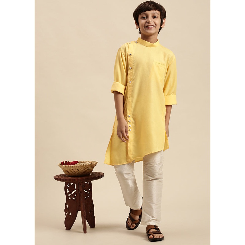 2 Pc Yellow Cotton Solid Kurta And Pajama Set - JD986587733
