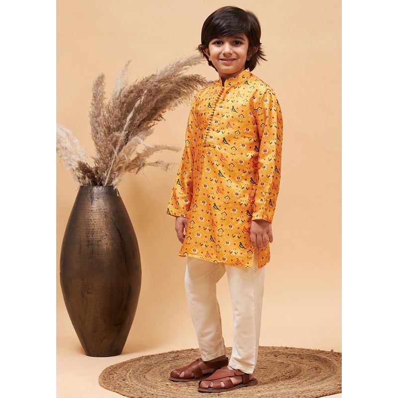 2 Pc Yellow Silk Kurta Pajama Set - JD986587854