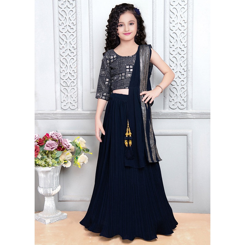 3 Pc Navy Blue Georgette Lehenga Set - JD986587731