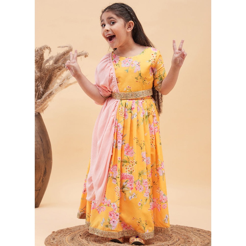 3 Pc Yellow Cotton Lehenga Set - JD986587776