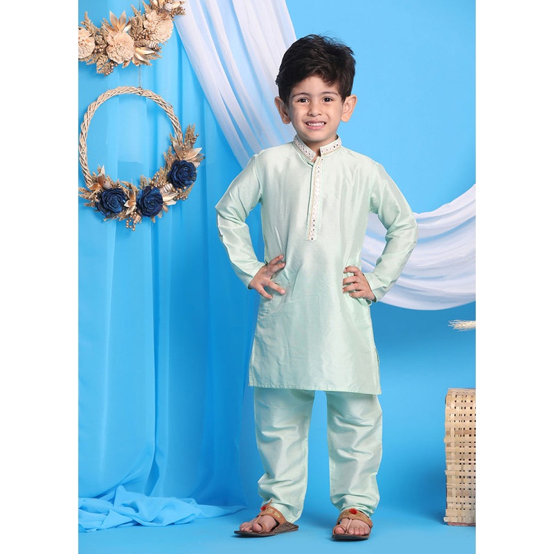 Aqua Green Festive Silk Kurta Pajama Set - JD986587775