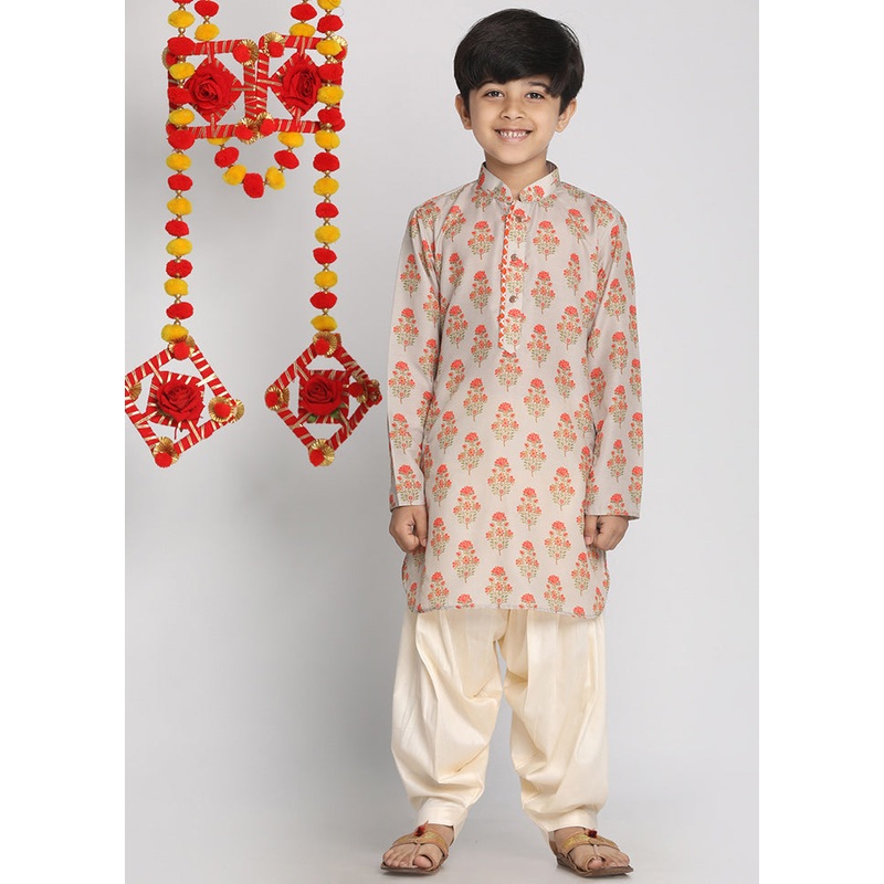 Beige Festive Silk Kurta Pajama Set - JD986587771