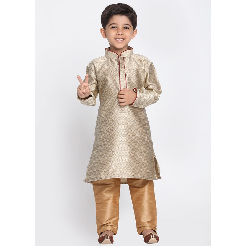 Beige Festive Silk Kurta Pajama Set - JD986587773