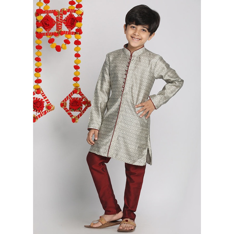 Beige Festive Silk Kurta Pajama Set - JD986587774