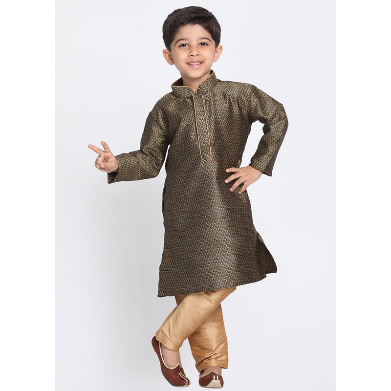 Black Festive Silk Kurta Pajama Set - JD986587754