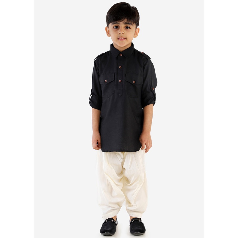Black Festive Silk Kurta Pajama Set - JD986587756