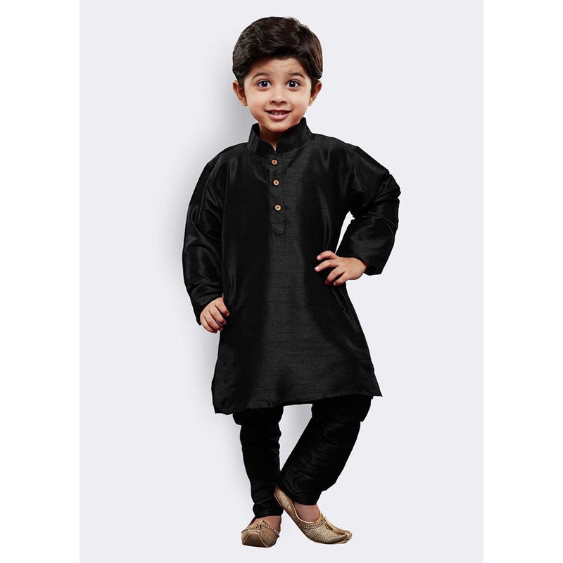 Black Festive Silk Kurta Pajama Set - JD986587758