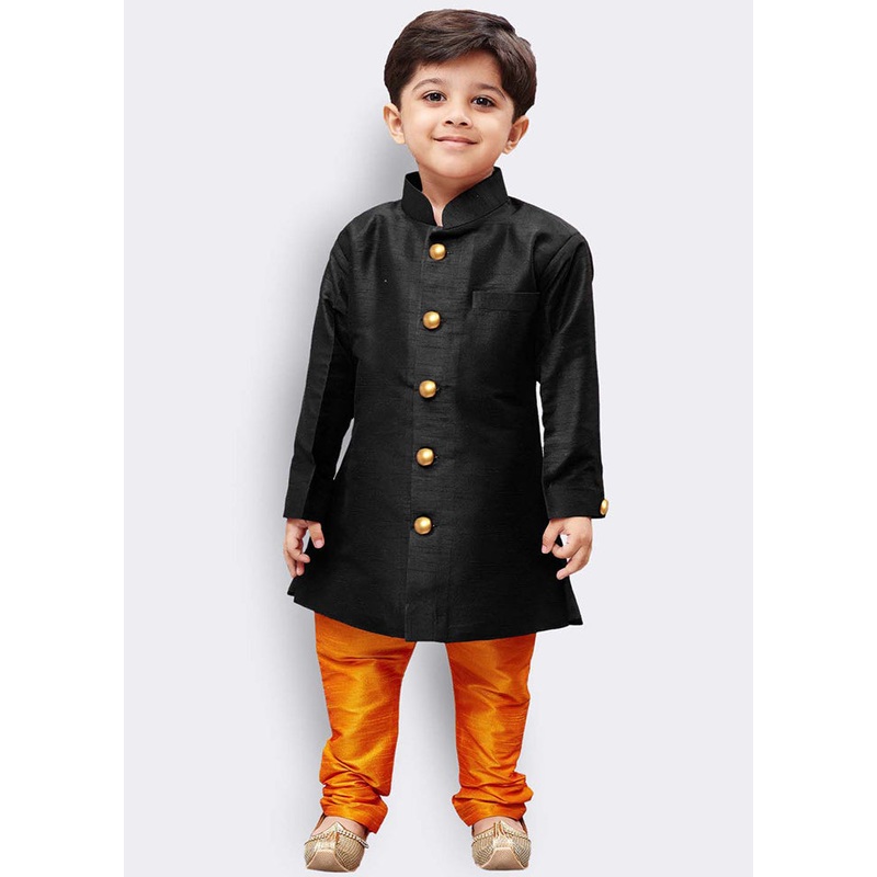 Black Festive Silk Kurta Pajama Set - JD986587759