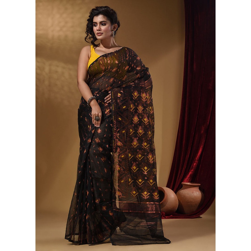 Black Tant Jamdani Saree With Blouse Piece - JD986587720