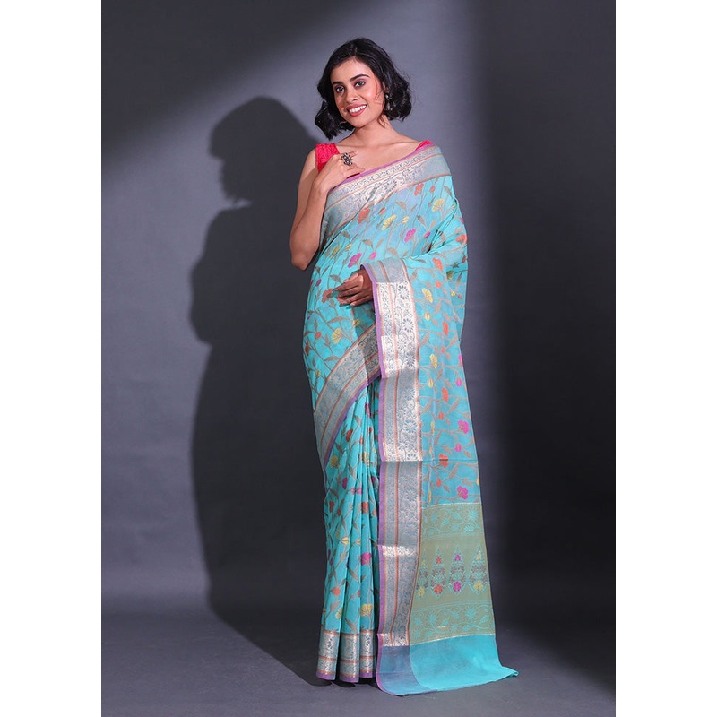 Blue Pure Cotton Saree With Blouse Piece - JD986587719