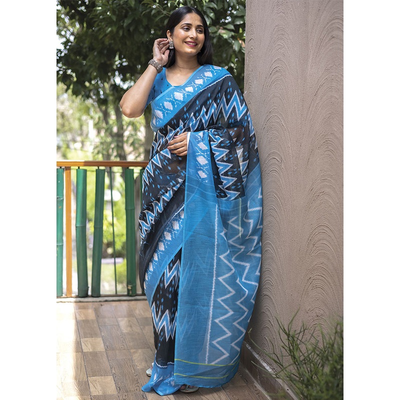 Blue Silk Saree With Blouse Piece - JD986587714