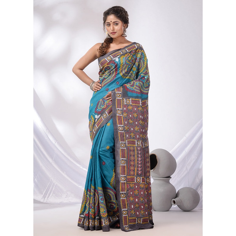 Blue Spun Pure Silk Saree With Blouse Piece - JD986587704