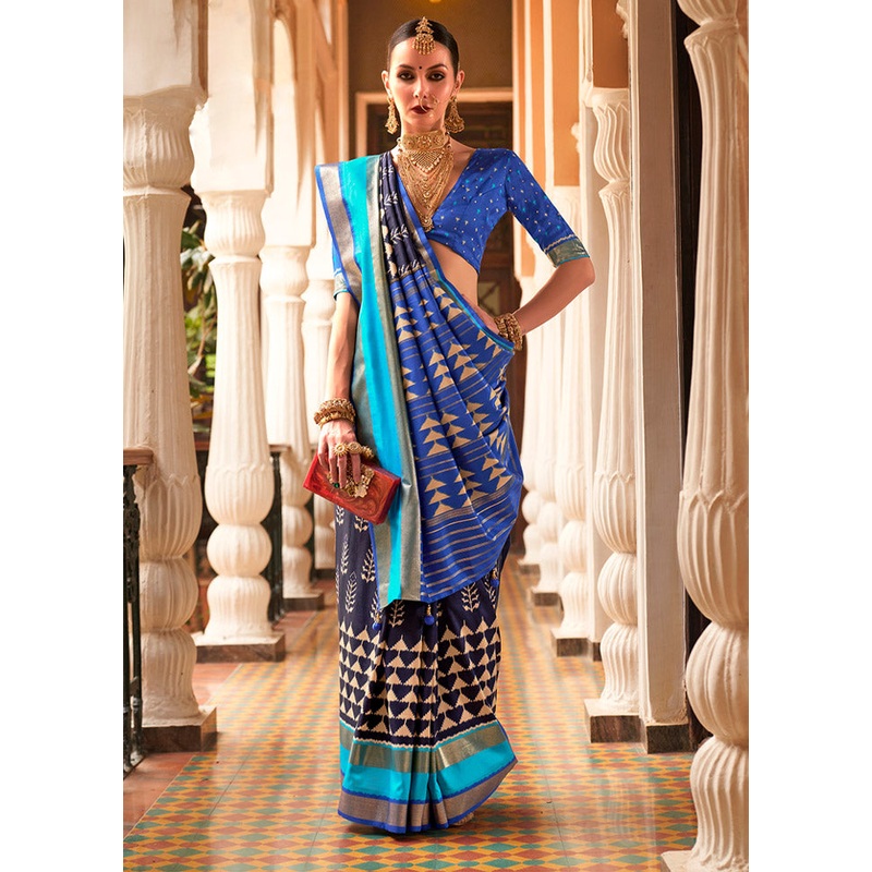 Blue Spun Silk Saree With Blouse Piece - JD986587692