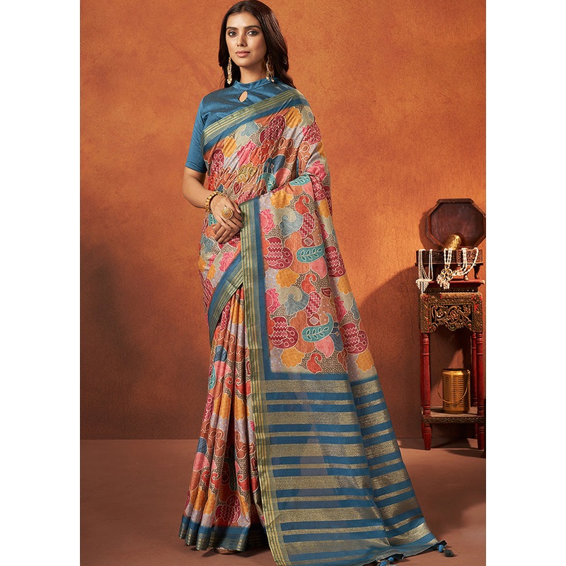Blue Spun Silk Saree With Blouse Piece - JD986587694