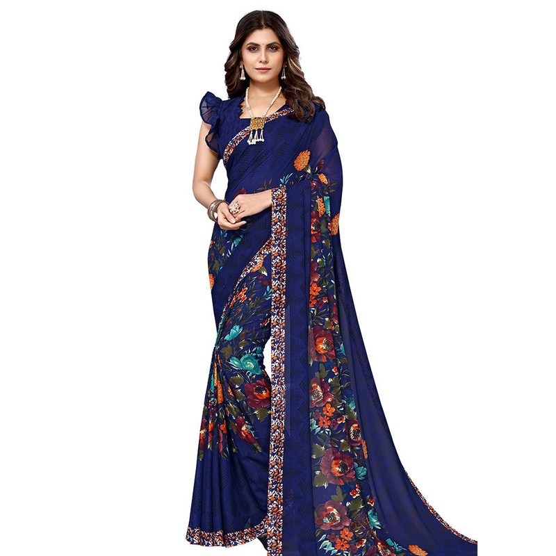 Blue Spun Silk Saree With Blouse Piece - JD986587696