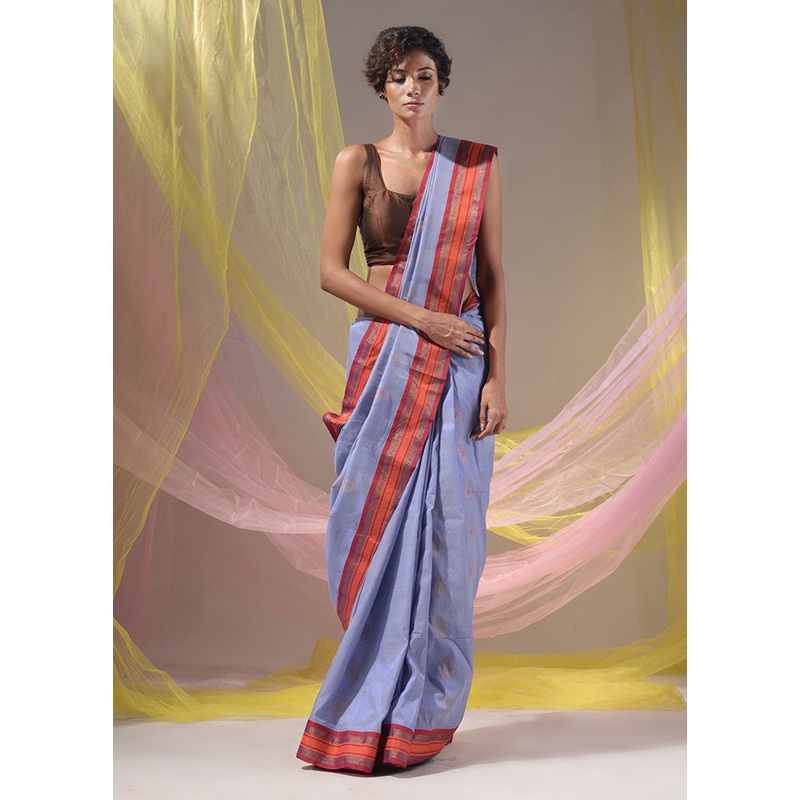 Blue Spun Silk Saree With Blouse Piece - JD986587697