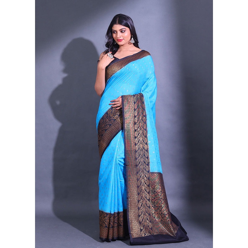 Blue Spun Silk Saree With Blouse Piece - JD986587698