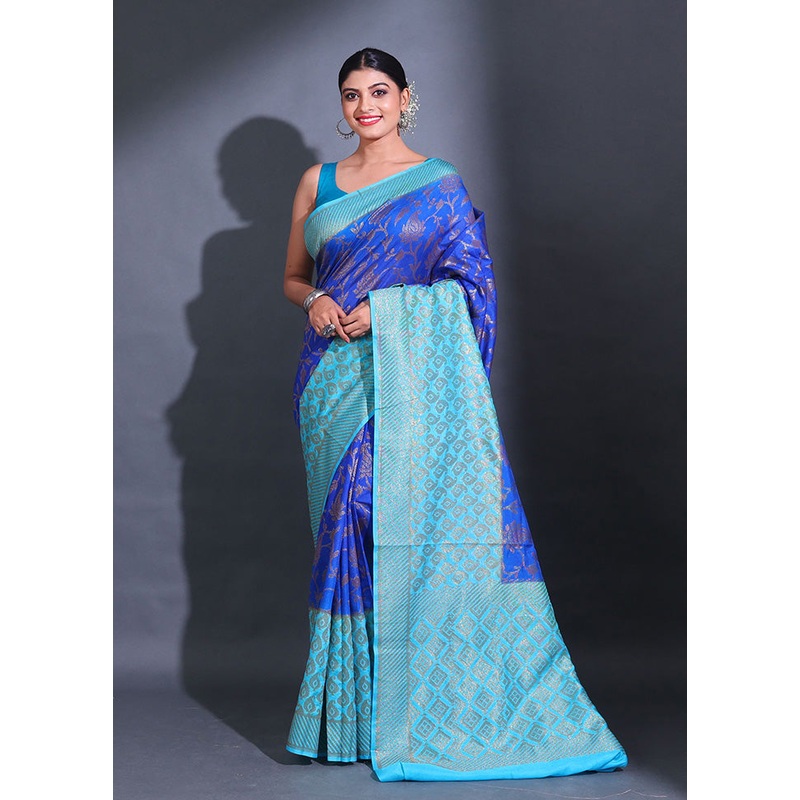 Blue Spun Silk Saree With Blouse Piece - JD986587699