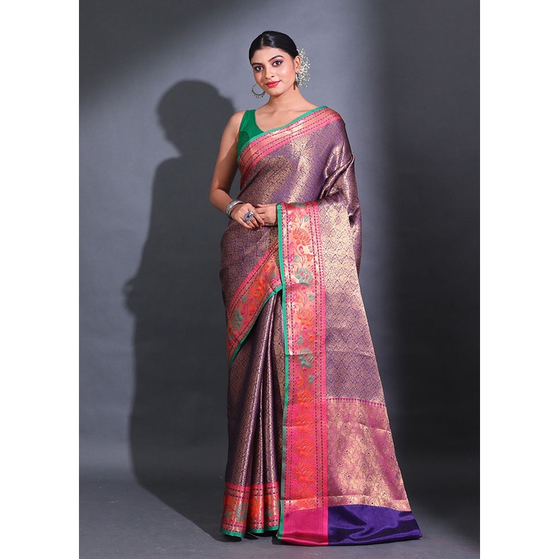 Blue Spun Silk Saree With Blouse Piece - JD986587700
